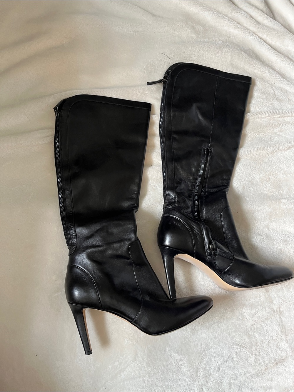 Nine West Black High-Heel Knee Boots - Women's Leather Riding Boots